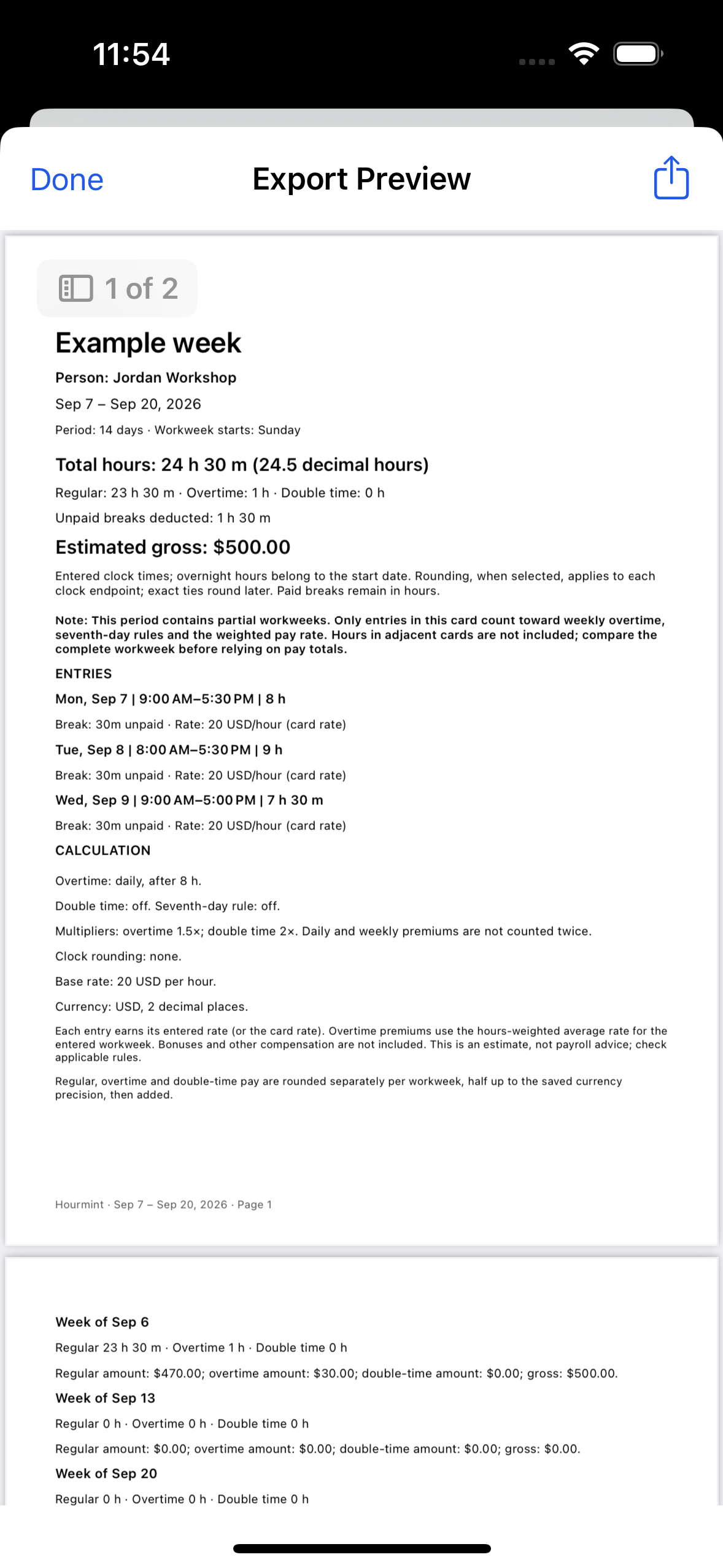 A real Hourmint Pro PDF export in the iPhone preview, with work entries and the calculation breakdown.