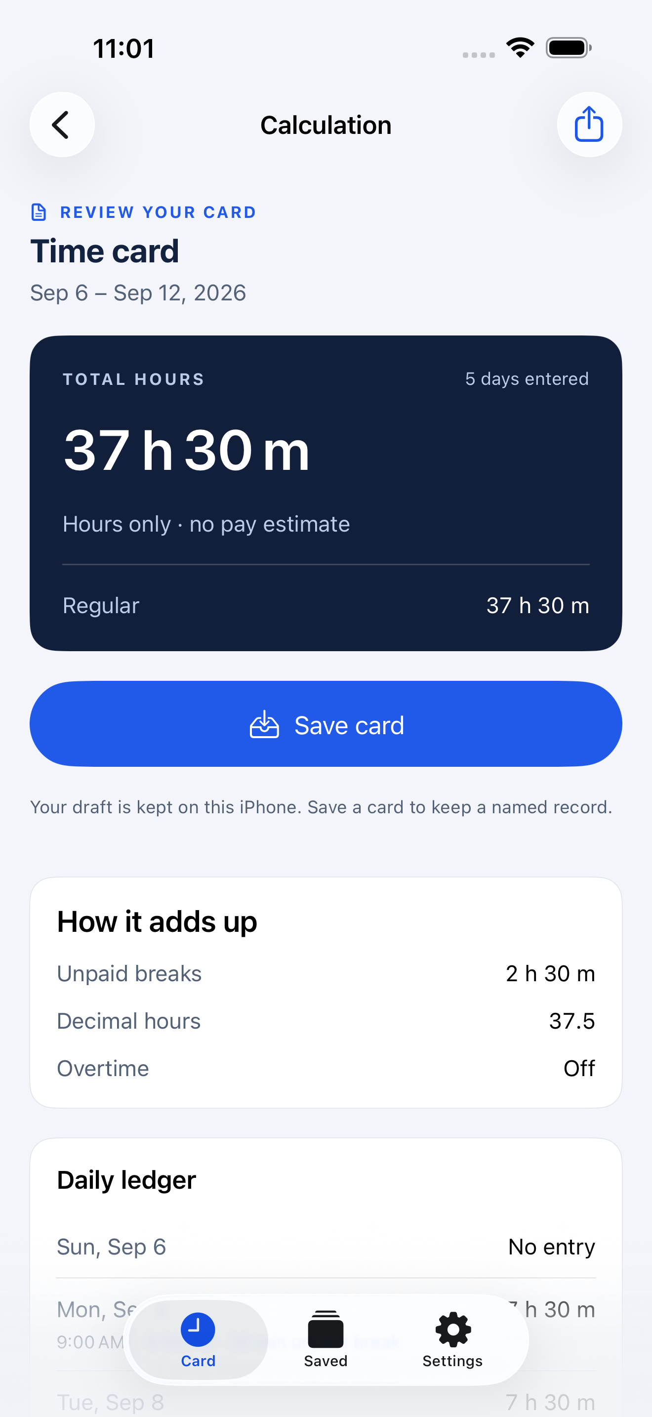 Hourmint calculation breakdown showing 37 hours 30 minutes, unpaid breaks and Save card.