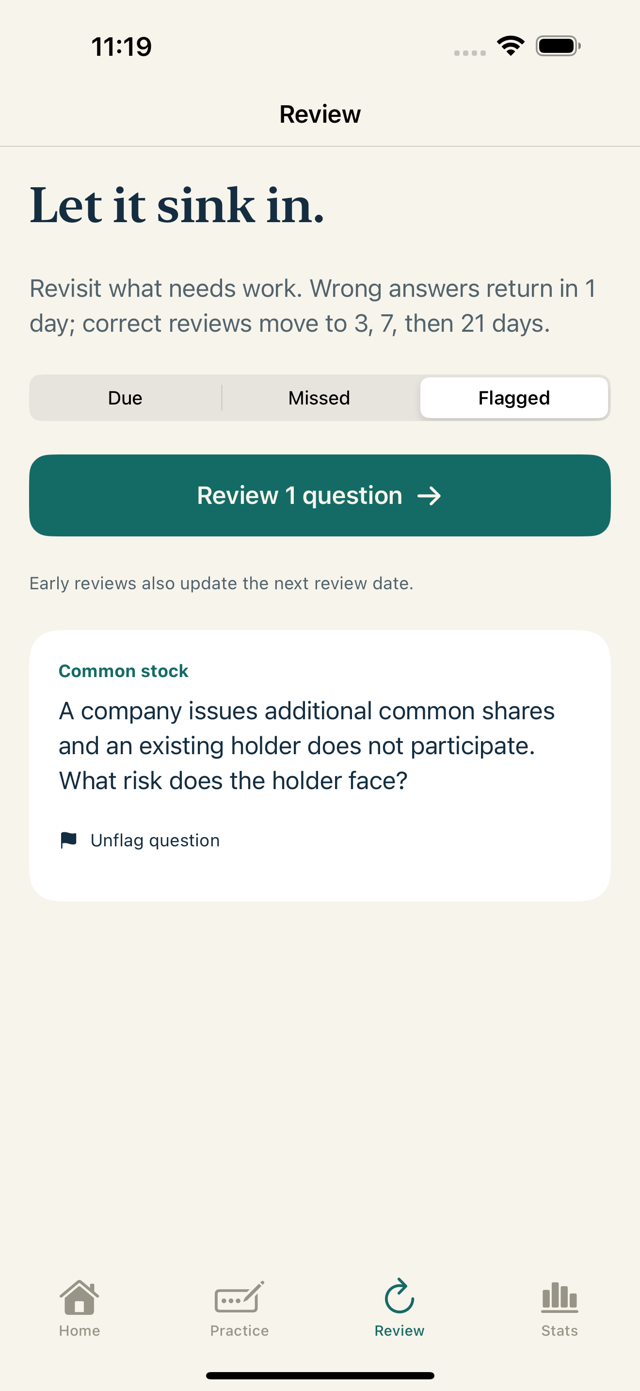 SIERise review screen with a flagged question ready to revisit